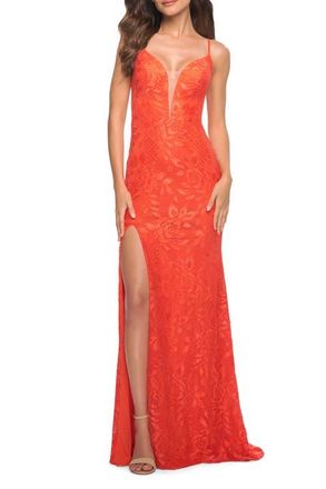 La Femme Papaya Stretch Lace Prom Dress with Deep V Neckline at Nordstrom, Size 10