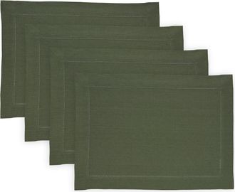 Solino Home Linen Placemats Set of 4, 14 x 19 Inch for Dining Table, Holiday and Everyday Table Decor - Medium Weight Hemstitch in Desert Green at