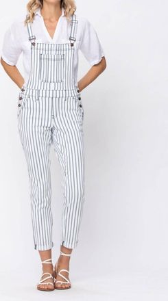 Judy Blue Pin Stripe White Boyfriend Overalls In Blue