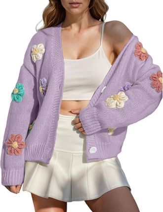 Generic Cardigans for Women UK Flower Beauty Applique Button Long Sleeve V Neck Knit Fashion Sweater Elegant Embroidery Comfort Cardigan Tops Womens Cardigans