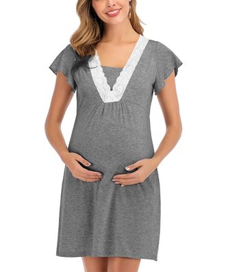 SHEKINI Womens Maternity Nightdress Lace V Neck Short Sleeve Nightwear Soft Nursing Nightgown for Pregnancy Breastfeeding Pyjamas Loungewear, Grey, XL