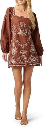 Adrianna Papell Embroidered Long Sleeve Minidress in Chocolate/ecru at Nordstrom, Size 14