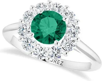 Allurez Round Lab Emerald & Diamond Halo Ring 14K 1.28ct in Emerald/white Gold at Nordstrom, Size 9.5