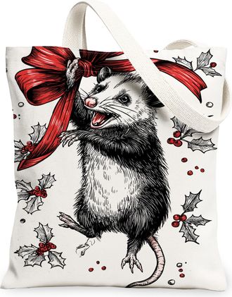 Generic Christmas Opossum Canvas Tote Bags, Cute Animal Floral Pattern Reusable Bags, Holiday Vintage Lightweight Washable Shoulder, White, 13x15 Inch