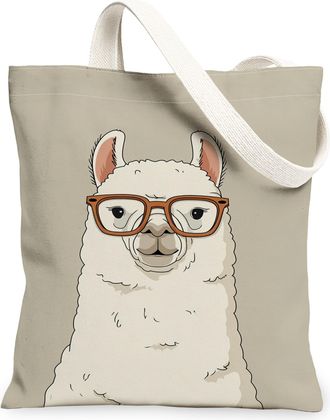 Generic Funny Llama Canvas Tote Bags, Cute Animal Illustration Reusable Grocery Bags, Lightweight Washable Shoulder Strap Canvas Fo, Beige, 13x15 Inch