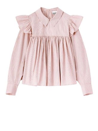 Ganni Oxford Stripe Frill Blouse