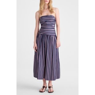 Madewell Stripe Strapless Ruched Midi Dress in Classic Indigo at Nordstrom, Size 00