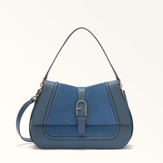 Furla Flow Borsa A Mano L Toni Grigio Blu Pelle Di Vitello Claris Lux + Camoscio Donna