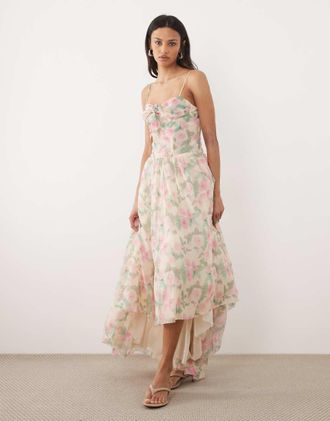 For Love & Lemons Lilou - Vestito lungo rosa a fiori con corsetto con ferretto e fondo asimmetrico svolazzante-Giallo