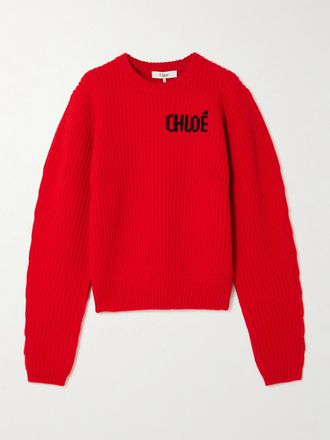 Chloé Pullover In Misto Lana E Cashmere A Coste Con Logo - Rosso