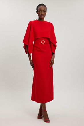 Karen Millen Womens Compact Viscose Asymmetric Cape Maxi Dress - Red - Size 12 UK