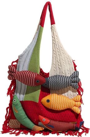 Generic Vintage Large Capacity Cotten Crochet Shoulder Bag, Hollow Out Weave Bag Travel Hand-Held Tote Handbag(Red)