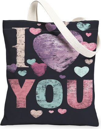 Generic Heart Pattern Canvas Tote Bags, Romantic Love Design Lightweight Reusable Grocery Bags, Stylish Vintage Washable Shoulder S, Black, 13x15 Inch