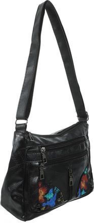 SOLUSTRE Black Retro PU Zippered Crossbody Bag for Women Adjustable Shoulder Pouch with Flower Print Fashionable Outdoor Handbag for Travel and Daily Use