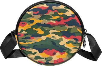 Generic Circle Crossbody Bag for Women, Colorful Camouflage Small Sling Bag Daypack with Zipper Adjustable Shoulder Straps Casual Ladies Girls Round Purse