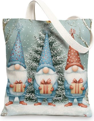 Generic Winter Christmas Gnome Canvas Tote Bag for Shopping 13x15, Snow Forest Xmas Scenery Reusable Grocery Print Pattern Bag for Women, Holiday New Year Bea