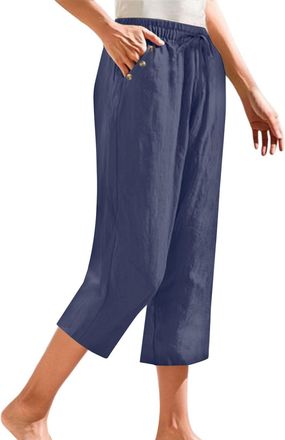 Generic Womens 2025 Summer Linen Wide Leg Cropped Pants Loose Slimming Trousers Solid Color Lounge Petite Short Leg Linen Pants Women High Waist Cropped Trous