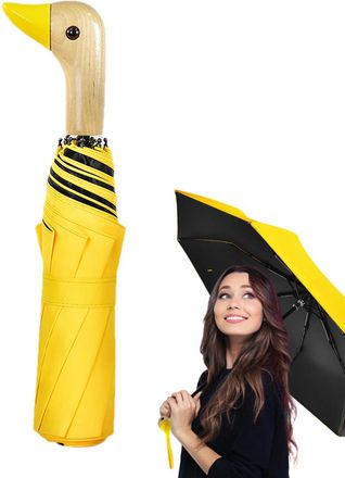 Generic Cute Handle Umbrella Duck Head Umbrella, 3-Folding 8-Ribs Travel Umbrellas With Wood Handle, Girls Rain & Sun Protection Compact Umbrellafor Daily Com