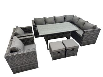 Fimous 10 Seater Patio Dining Corner Sofa Sets with 2 Chairs 2 Small Stools in Dark Grey