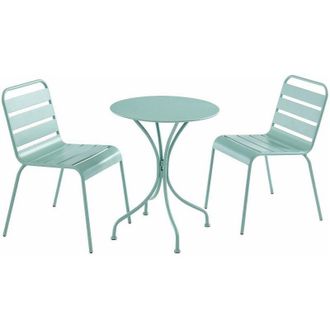 Vente-Unique Sala da pranzo da giardino MIRMANDE in metallo - un tavolo D.60 cm e 2 sedie impilabili - Verde acqua