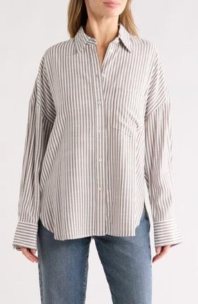 Max Studio Oversize Stripe Button-Up Shirt in Toffee/Black Frame Stripe at Nordstrom Rack, Size X-Large