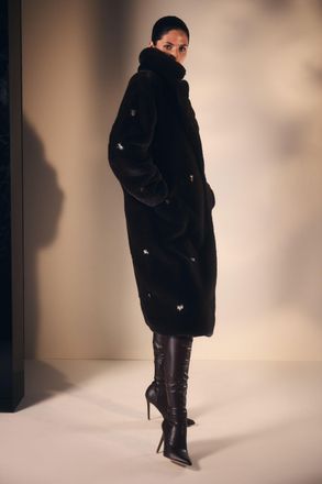 Karen Millen Womens Crystal Embellished Faux Fur Long Coat - Chocolate - Size 10 UK