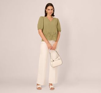 Adrianna Papell Short Sleeve Scalloped Eyelet Top In Oil Green