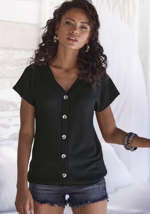 Lascana Kurzarmshirt LASCANA mit Zierknopfleiste, Damen, Gr. 32/34, schwarz, Piqu&eacute;, Obermaterial: 69% Polyester (REPREVE), 28% Viskose, 3% Elasthan, unifarben