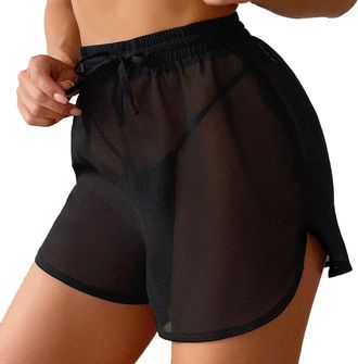 Generic Bikini Shorts Cover Up - Ladies Swim Shorts High Waisted Trendy Sexy Holiday Hot Pants Drawstring Tie Knot Sheer Beach Shorts Lightweight Fit Swimwear