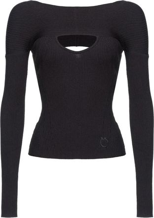 Pinko Geribbelde zwarte trui - Dames - Ronde hals truien - Zwart - L - Polyester - Truien & Vesten
