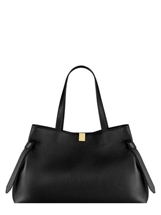 Yuzefi Sculpted Black Leather Tote Bag with Gold-tone Clasp Detail