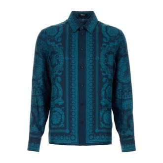 Versace Casual Shirts, male, Blue, Size: M Barocco Silk Shirt