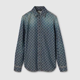 Gucci GG Cotton Denim Jacquard Shirt, Size 42 it, Blue