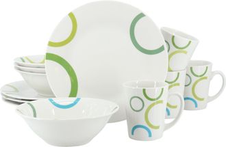 Gibson Home Green Loops 12 Piece Round Fine Ceramic Dinnerware Set in White