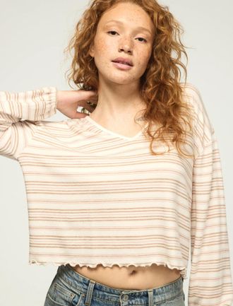Lucky Brand Womens Cloud Lettuce Hem V Neck Top