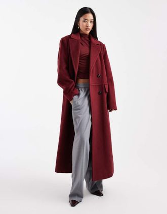 4th & Reckless Cappotto elegante doppiopetto taglio lungo strutturato effetto lana color bordeaux-Rosso