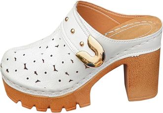 Generic Womens Slip on Platform Mules Lightweight Comfort Closed Toe Clogs Mules Shoes with Block High Heel Round Toe Chunky High Heel Slipper Mule Shoes Stud