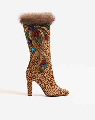 Valentino Garavani Stivale Hotty In Vitello Effetto Cavallino Con Ricamo Floreale E Pelliccia 100Mm Donna ANIMALIER 36