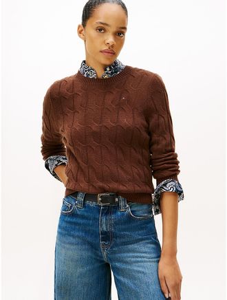 Tommy Hilfiger Womens Wool Cable Knit Sweater - Brown - L