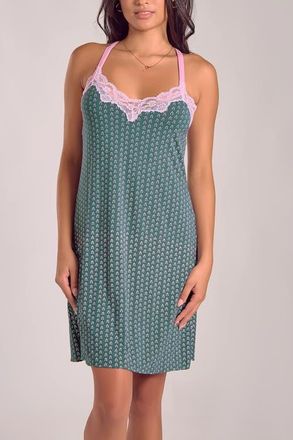 iCollection Viscose Stretch-Knit Sleep Dress with Lace Trim in Green-Pink at Nordstrom, Size X-Large