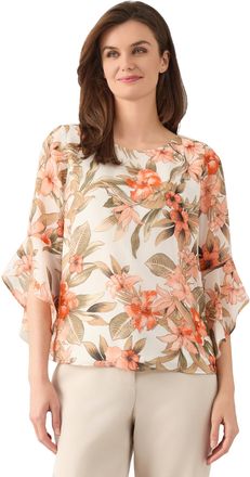 Kasper Womens 3/4 Ruffle Sleeve Printed Chiffon Top, Vanilla Ice Multi, M