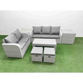 Fimous 7 Seater pe Rattan Wicker Garden Furniture Patio Conservatory Sofa Set with Oblong Coffee Table 3 Seater Sofa Love Sofa 2 Stools 2 Side Table - Fimous