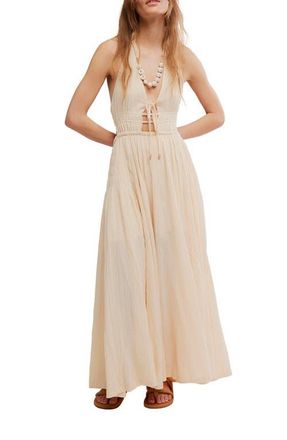 Free People Angel Plunge Halter Neck Maxi Dress in Buttercream at Nordstrom, Size X-Small