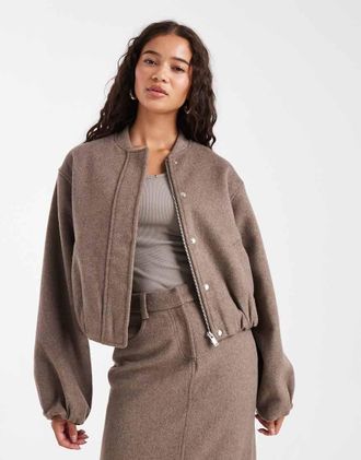 4th & Reckless 4th + Reckless - Giacca bomber sartoriale in misto lana morbida senza colletto con maniche a palloncino color moka-Marrone