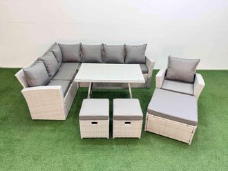 Fimous Garden Outdoor Rattan Furniture Set with Armchair 3 Footstools 10 Seat in Light Grey