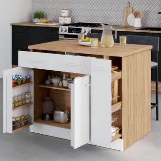 IDMarket Isla Central Alto Con Puertas, Armarios, Cajones, Extra&iacute;bles Y Encimera De Haya Y Efecto Blanco