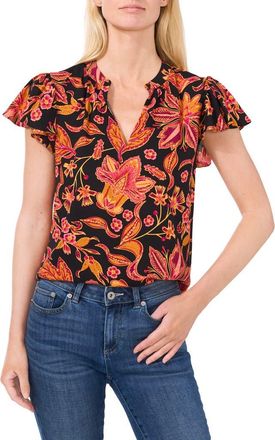 CeCe by Cynthia Steffe Floral Flutter Sleeve Top in Rich Black at Nordstrom, Size X-Small