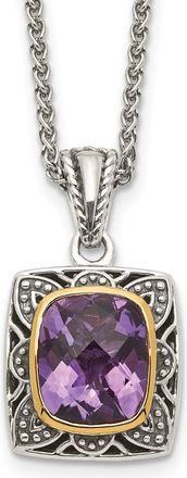 Diamond2Deal Sterling Silver with 14K Accent Cushion Bezel Amethyst Pendant Necklace