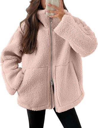 Generic Winter Jackets for Women UK Full Zip Fleece Coats Ladies Fall Drawstring Solid Color Teddy Hooded Cardigan Warm Casual Loose Long Sleeve Fuzzy Sherpa 