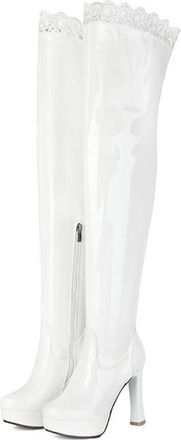 Generic Womens Patchwork Stretch Over The Knee Boots Comfort Round Toe Chunky Platform Side Zip Fashipn Shoes for Catwalk Party (8.5,White)